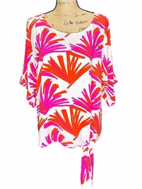 Mary Square Vibrant Pink & Orange Abstract Knot-Hem Top. EC. Size large